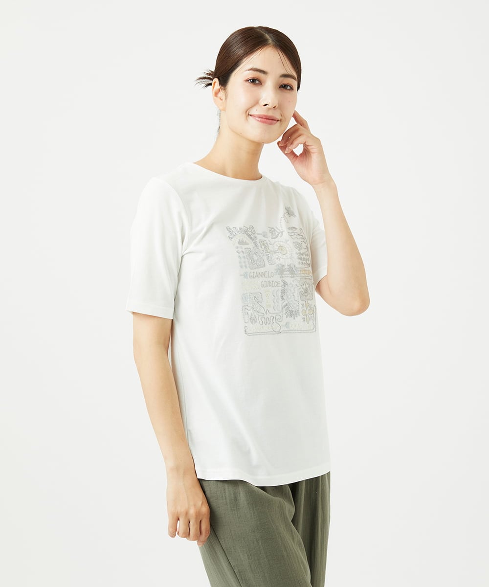 NGKHC06190 GIANNI LO GIUDICE(ジャンニ ロ ジュディチェ) [接触冷感・洗える・日本製]クールローレルスカイコット刺繍カットソー ホワイト