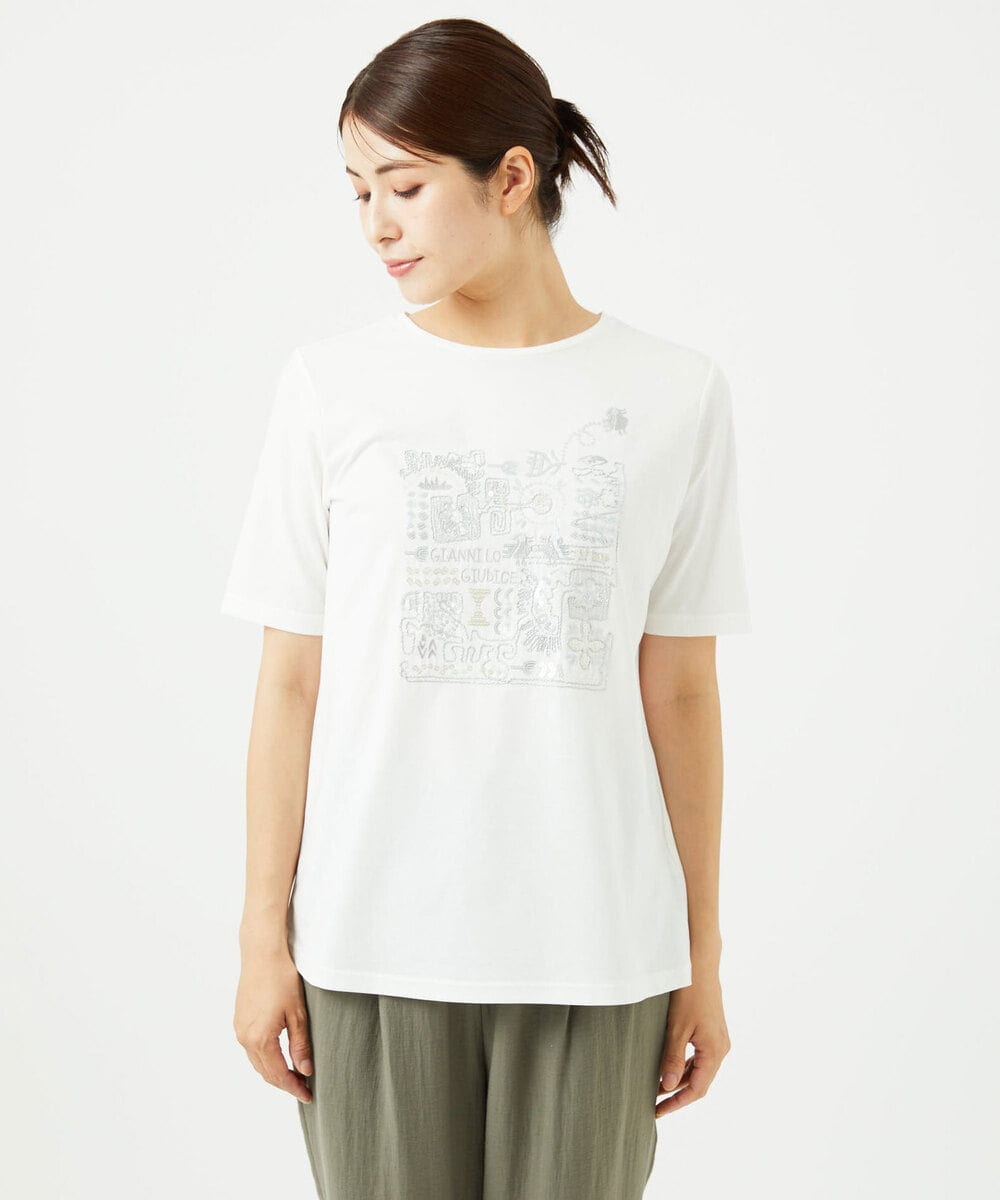 NGKHC06190 GIANNI LO GIUDICE(ジャンニ ロ ジュディチェ) [接触冷感・洗える・日本製]クールローレルスカイコット刺繍カットソー ホワイト