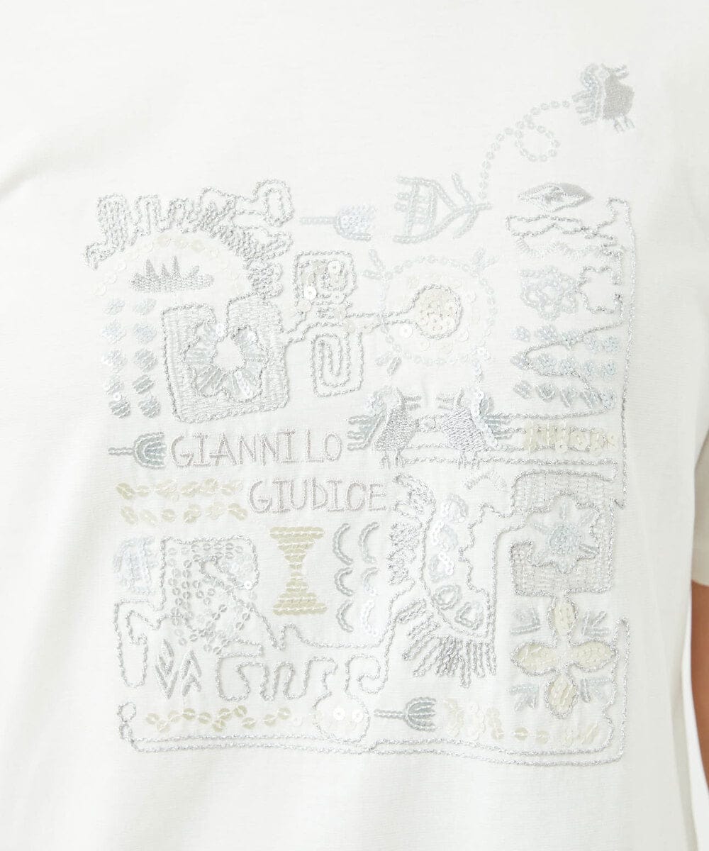 NGKHC06190 GIANNI LO GIUDICE(ジャンニ ロ ジュディチェ) [接触冷感・洗える・日本製]クールローレルスカイコット刺繍カットソー ホワイト