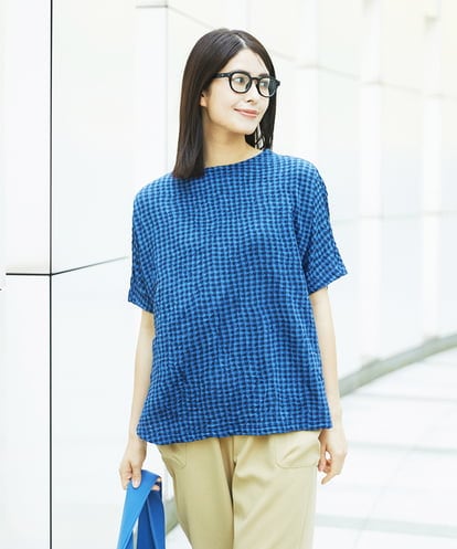 NGKHC71210 GIANNI LO GIUDICE [洗える・日本製]麻混ギンガムワッシャージャガードカットソー
