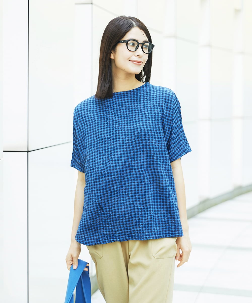 NGKHC71210 GIANNI LO GIUDICE [洗える・日本製]麻混ギンガムワッシャージャガードカットソー