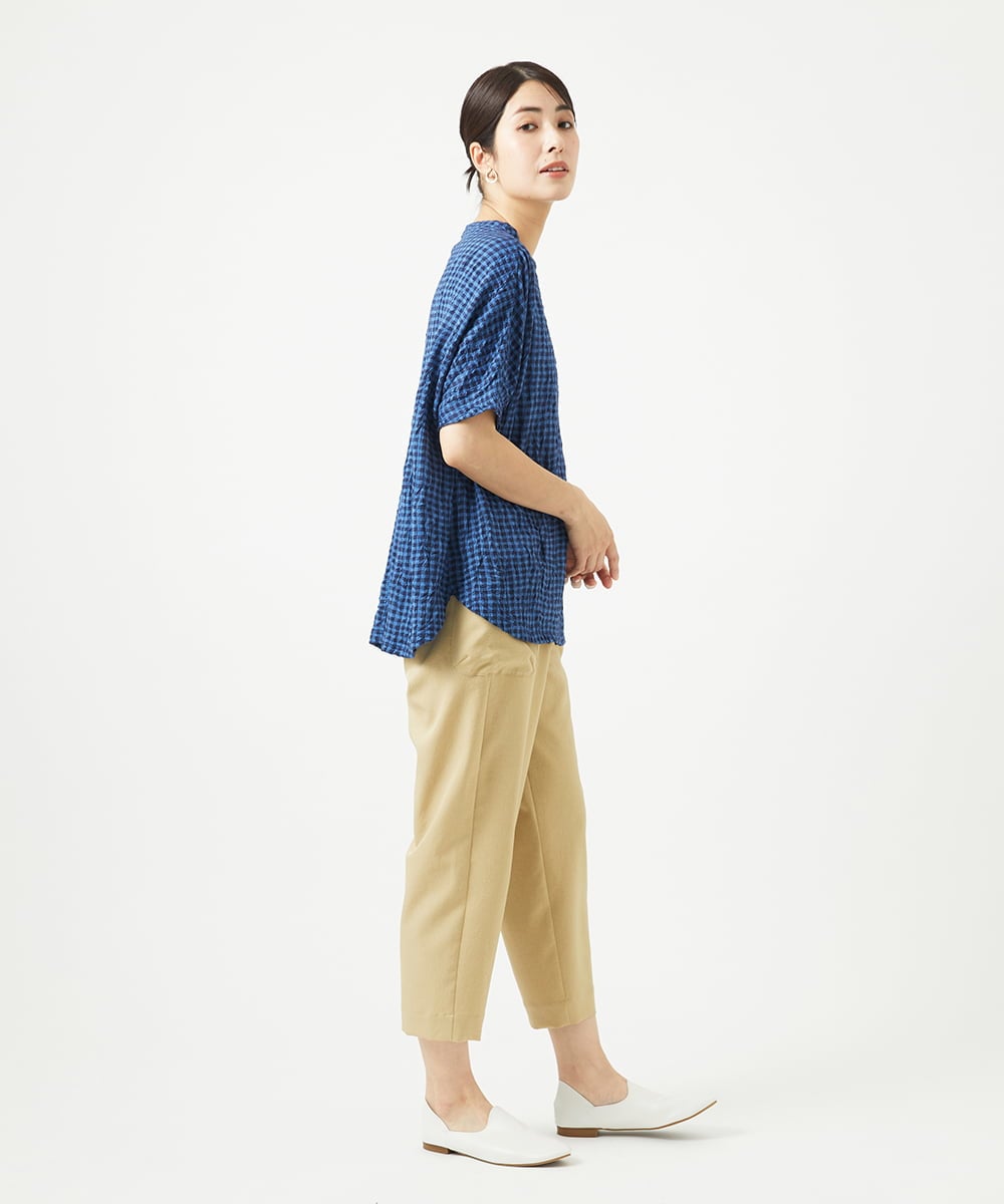 NGKHC71210 GIANNI LO GIUDICE(ジャンニ ロ ジュディチェ) [洗える・日本製]麻混ギンガムワッシャージャガードカットソー ブルー