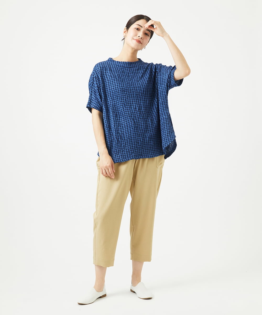 NGKHC71210 GIANNI LO GIUDICE(ジャンニ ロ ジュディチェ) [洗える・日本製]麻混ギンガムワッシャージャガードカットソー ブルー