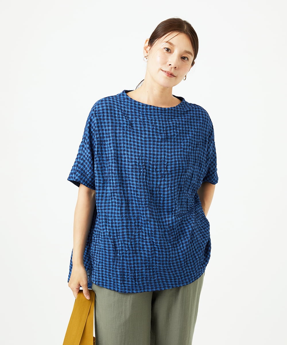 NGKHC71210 GIANNI LO GIUDICE [洗える・日本製]麻混ギンガムワッシャージャガードカットソー