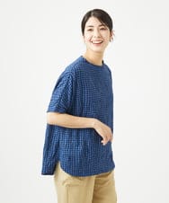 NGKHC71210 GIANNI LO GIUDICE(ジャンニ ロ ジュディチェ) [洗える・日本製]麻混ギンガムワッシャージャガードカットソー ブルー