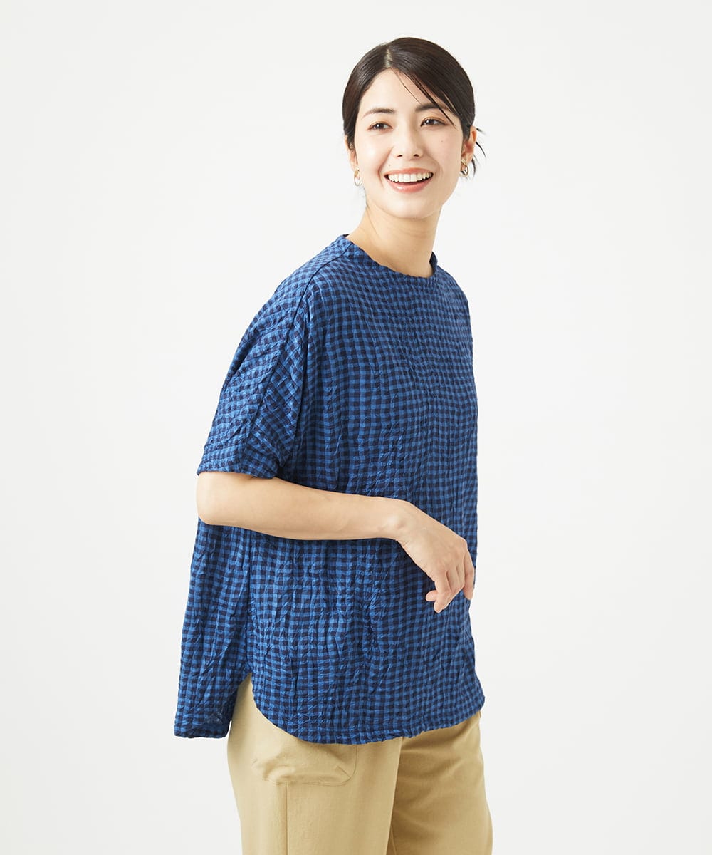 NGKHC71210 GIANNI LO GIUDICE(ジャンニ ロ ジュディチェ) [洗える・日本製]麻混ギンガムワッシャージャガードカットソー ブルー