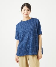 NGKHC71210 GIANNI LO GIUDICE(ジャンニ ロ ジュディチェ) [洗える・日本製]麻混ギンガムワッシャージャガードカットソー ブルー
