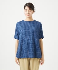 NGKHC71210 GIANNI LO GIUDICE(ジャンニ ロ ジュディチェ) [洗える・日本製]麻混ギンガムワッシャージャガードカットソー ブルー