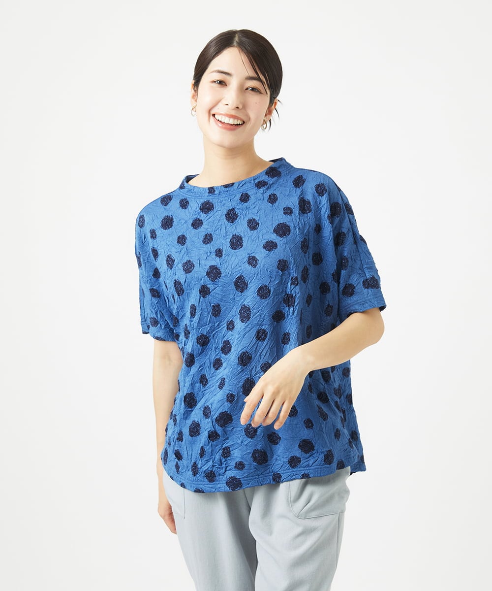 NGKHC72210 GIANNI LO GIUDICE(ジャンニ ロ ジュディチェ) [洗える・日本製]麻混ドットワッシャージャガードカットソー ブルー
