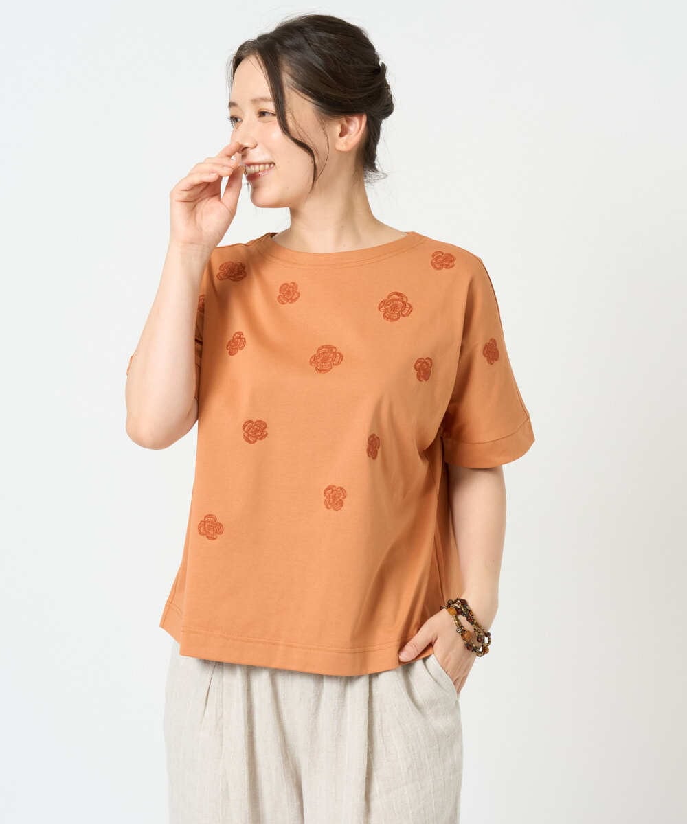 NGKHD02150 GIANNI LO GIUDICE(ジャンニ ロ ジュディチェ) [洗える]天竺フラワー刺繍カットソー オレンジ