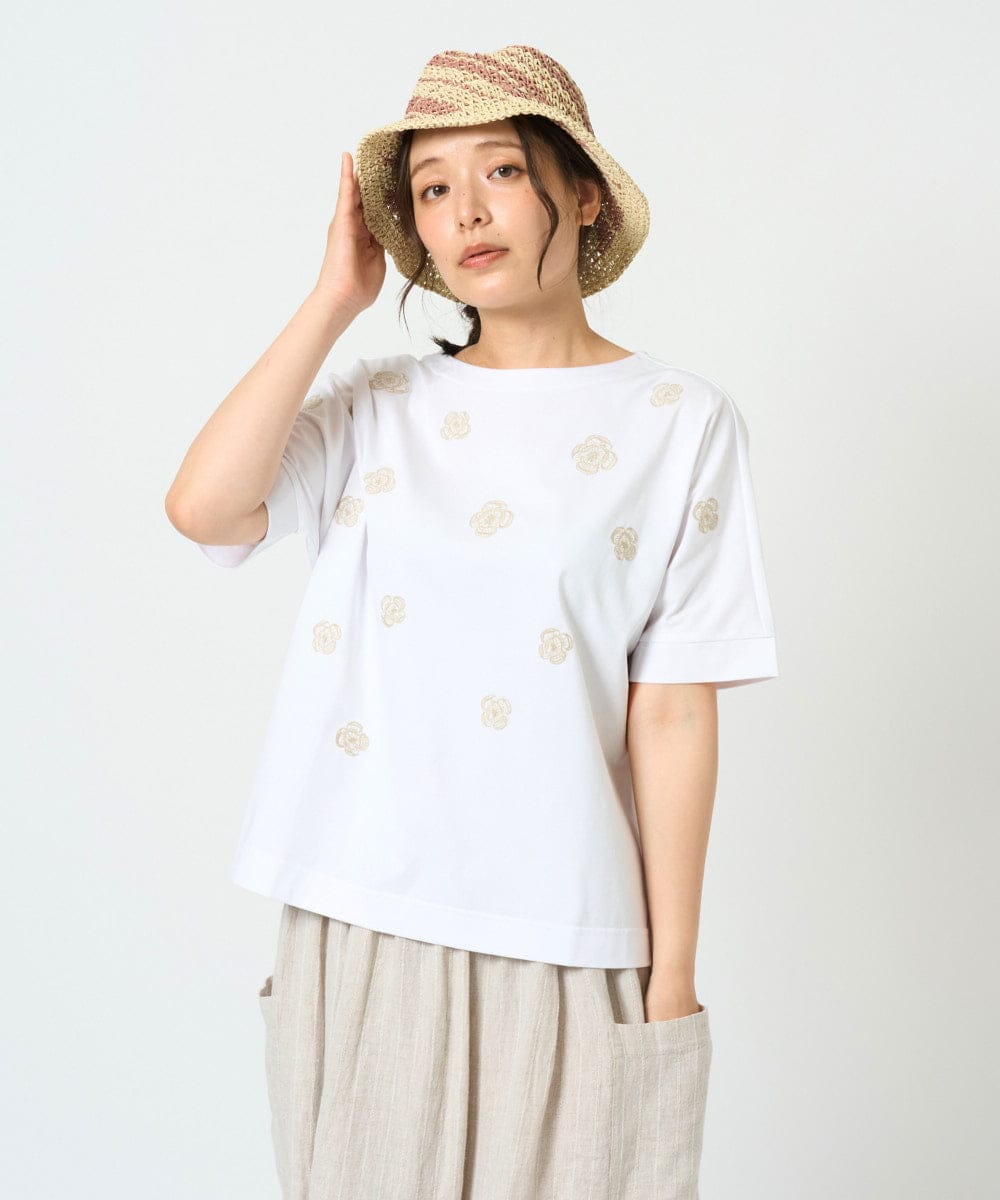 NGKHD02150 GIANNI LO GIUDICE(ジャンニ ロ ジュディチェ) [洗える]天竺フラワー刺繍カットソー ホワイト