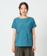 NGKHD69140 GIANNI LO GIUDICE(ジャンニ ロ ジュディチェ) [洗える・日本製]ドットタックフレンチスリーブ異素材ドッキングカットソー ブルー