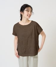 NGKHD69140 GIANNI LO GIUDICE(ジャンニ ロ ジュディチェ) [洗える・日本製]ドットタックフレンチスリーブ異素材ドッキングカットソー ブラウン