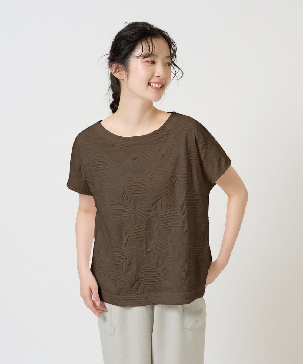 NGKHD69140 GIANNI LO GIUDICE(ジャンニ ロ ジュディチェ) [洗える・日本製]ドットタックフレンチスリーブ異素材ドッキングカットソー ブラウン
