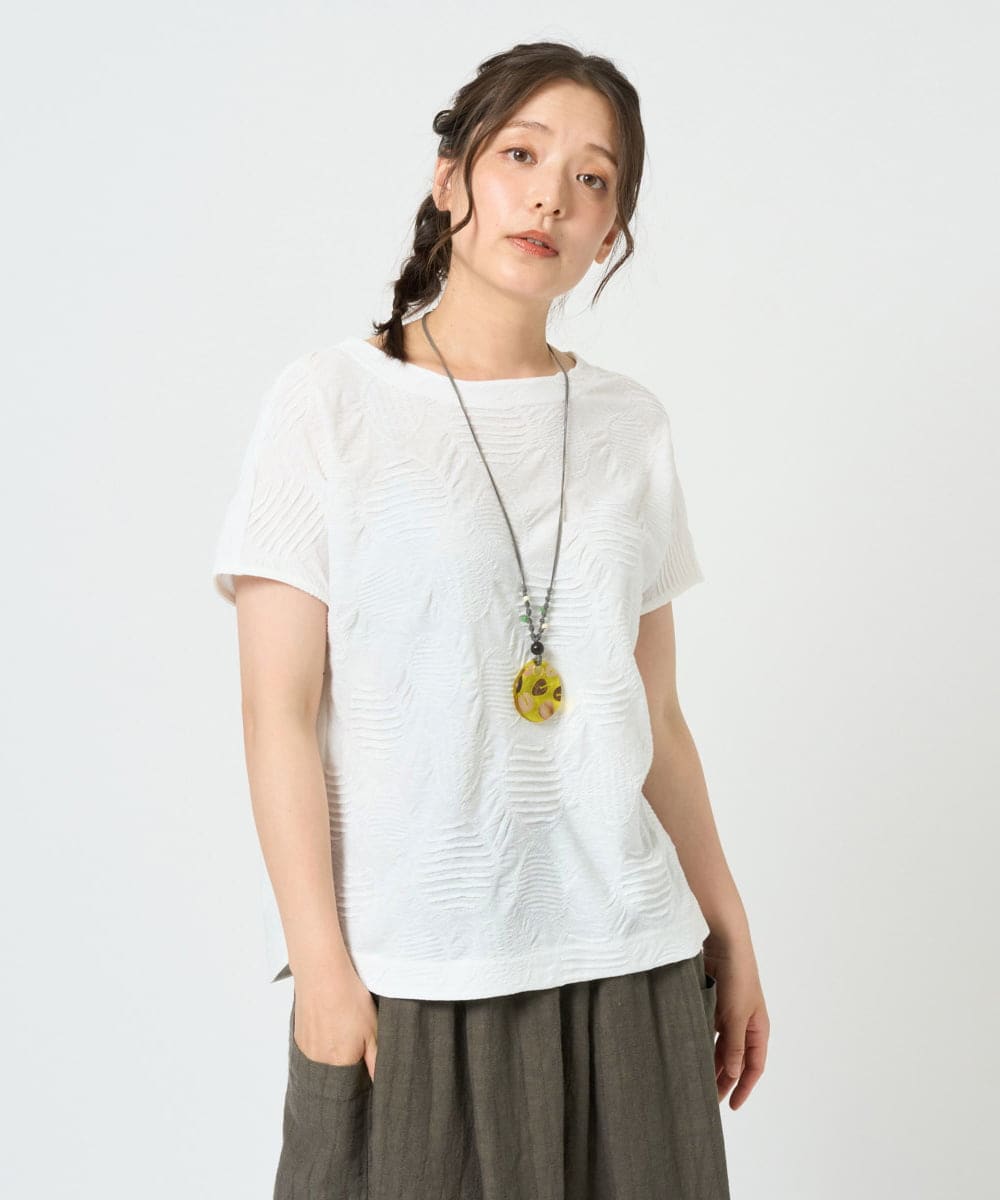 NGKHD69140 GIANNI LO GIUDICE(ジャンニ ロ ジュディチェ) [洗える・日本製]ドットタックフレンチスリーブ異素材ドッキングカットソー ホワイト