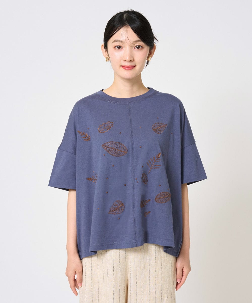 NGKHE62180 GIANNI LO GIUDICE(ジャンニ ロ ジュディチェ) [洗える]コットン天竺リーフ刺繍カットソー ラベンダー