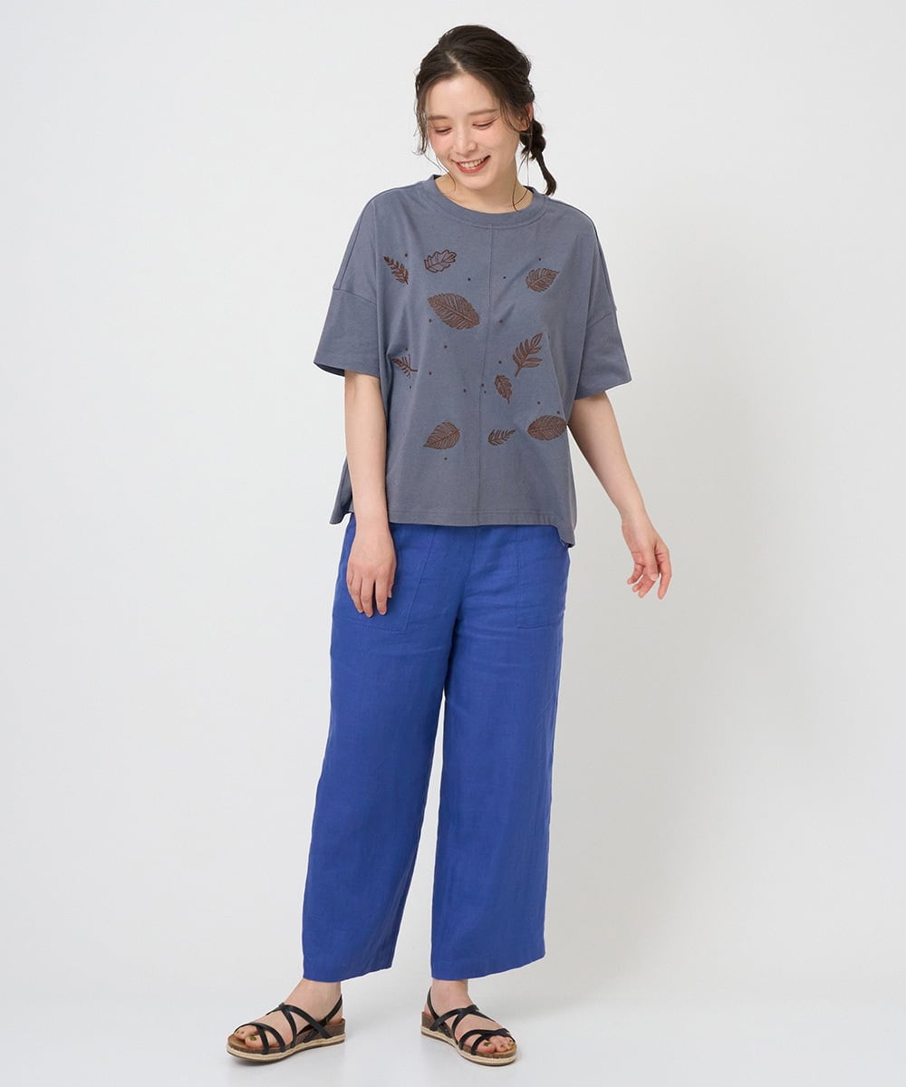NGKHE62180 GIANNI LO GIUDICE(ジャンニ ロ ジュディチェ) 【洗える】コットン天竺リーフ刺繍カットソー ブラウン