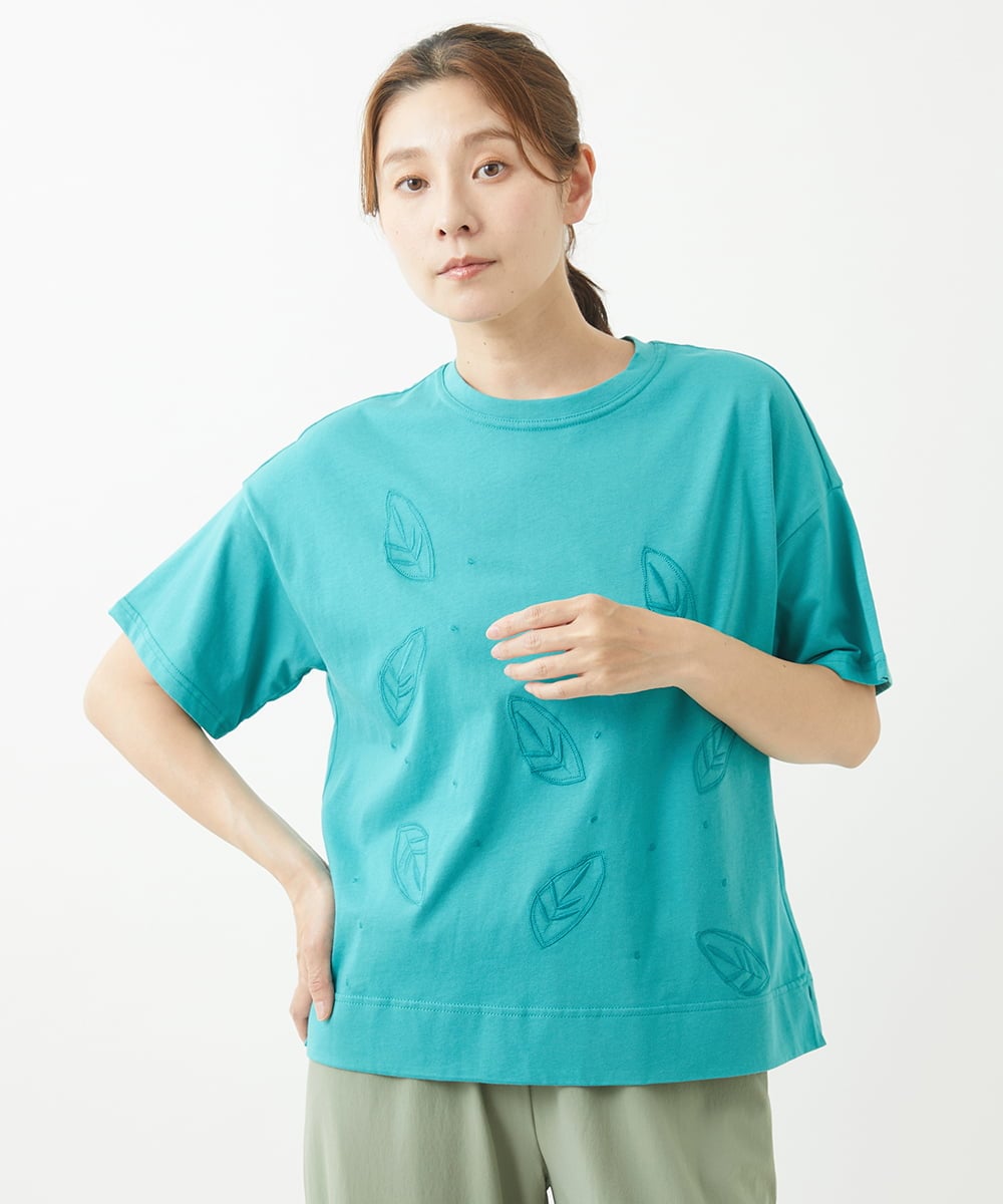 NGKHW01170 GIANNI LO GIUDICE(ジャンニ ロ ジュディチェ) [洗える]コットン天竺刺繍カットソー ブルーグリーン