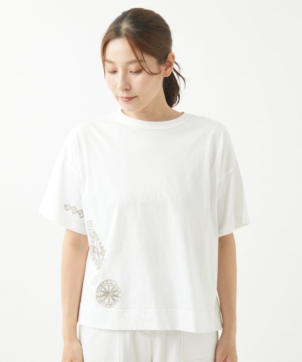 NGKHW01170 GIANNI LO GIUDICE(ジャンニ ロ ジュディチェ) [洗える]コットン天竺刺繍カットソー ホワイト