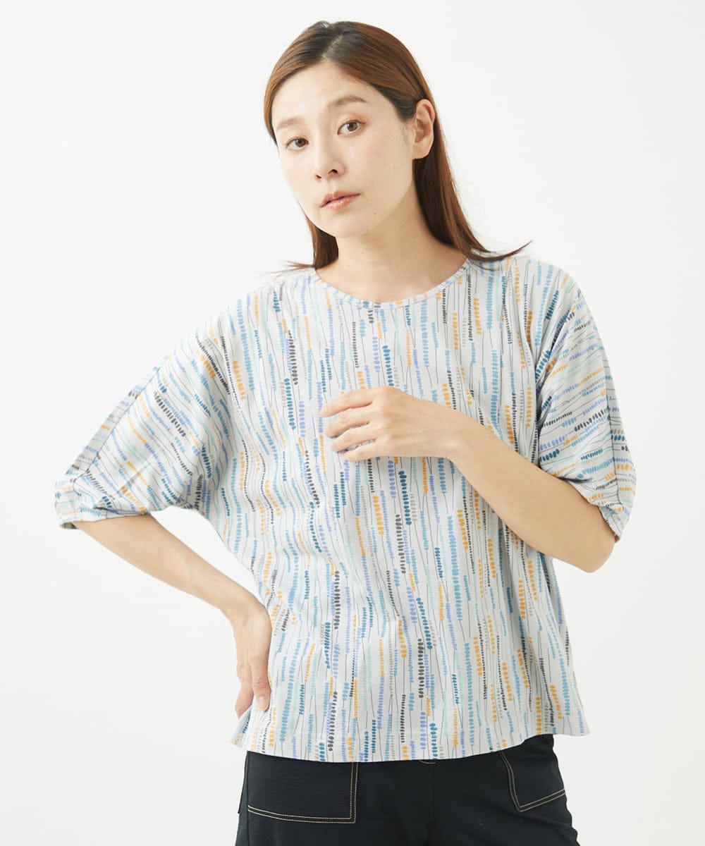NGKHW11130 GIANNI LO GIUDICE(ジャンニ ロ ジュディチェ) [洗える]テンテン柄プリント5分袖カットソー ライトグレー