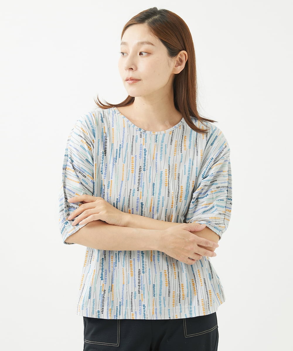 NGKHW11130 GIANNI LO GIUDICE(ジャンニ ロ ジュディチェ) [洗える]テンテン柄プリント5分袖カットソー ライトグレー