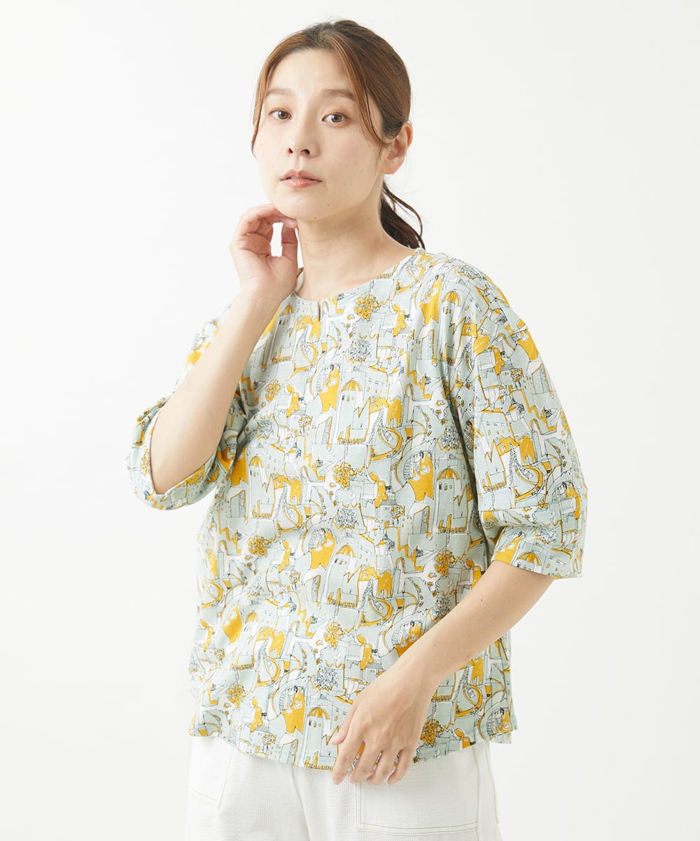 NGKHW12180 GIANNI LO GIUDICE(ジャンニ ロ ジュディチェ) [洗える]コットン風景プリント5分袖カットソー イエロー