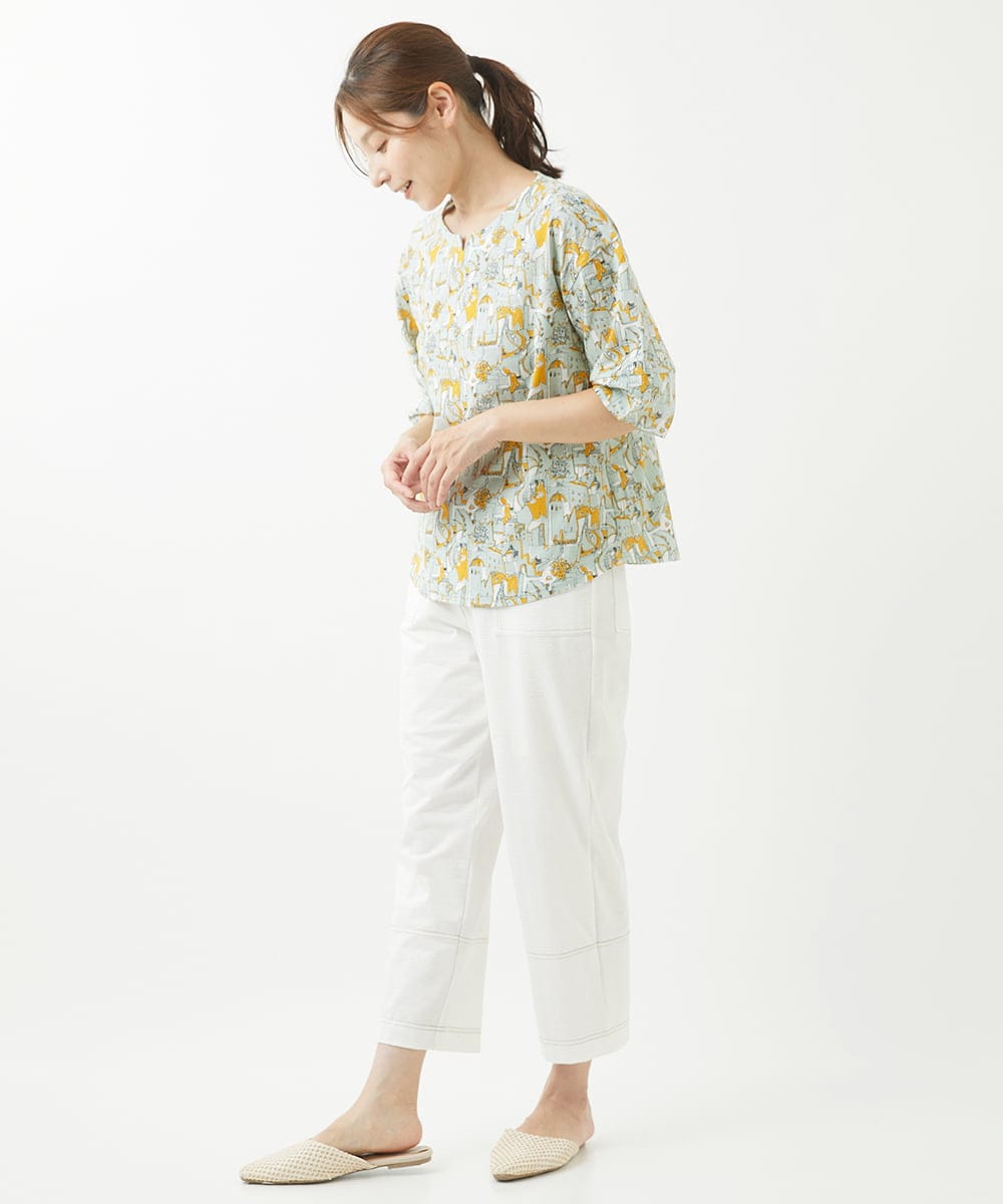 NGKHW12180 GIANNI LO GIUDICE(ジャンニ ロ ジュディチェ) [洗える]コットン風景プリント5分袖カットソー イエロー