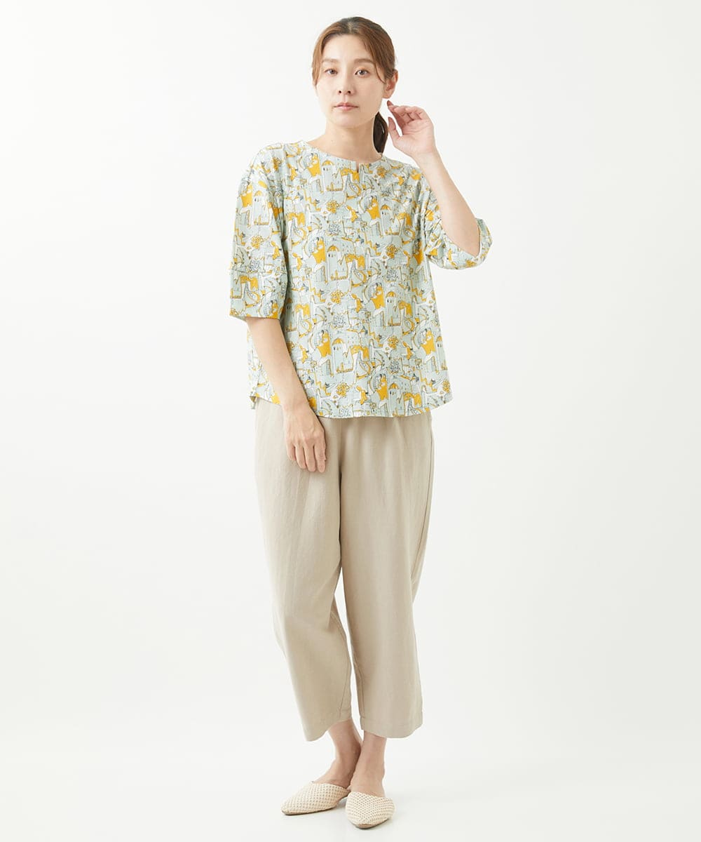 NGKHW12180 GIANNI LO GIUDICE(ジャンニ ロ ジュディチェ) [洗える]コットン風景プリント5分袖カットソー イエロー