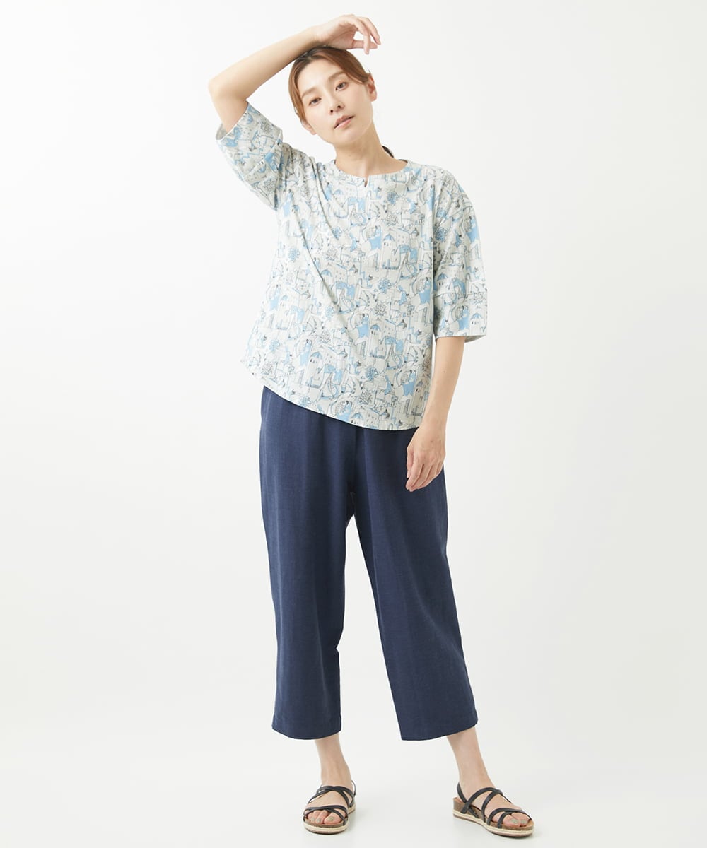 NGKHW12180 GIANNI LO GIUDICE(ジャンニ ロ ジュディチェ) [洗える]コットン風景プリント5分袖カットソー ライトブルー