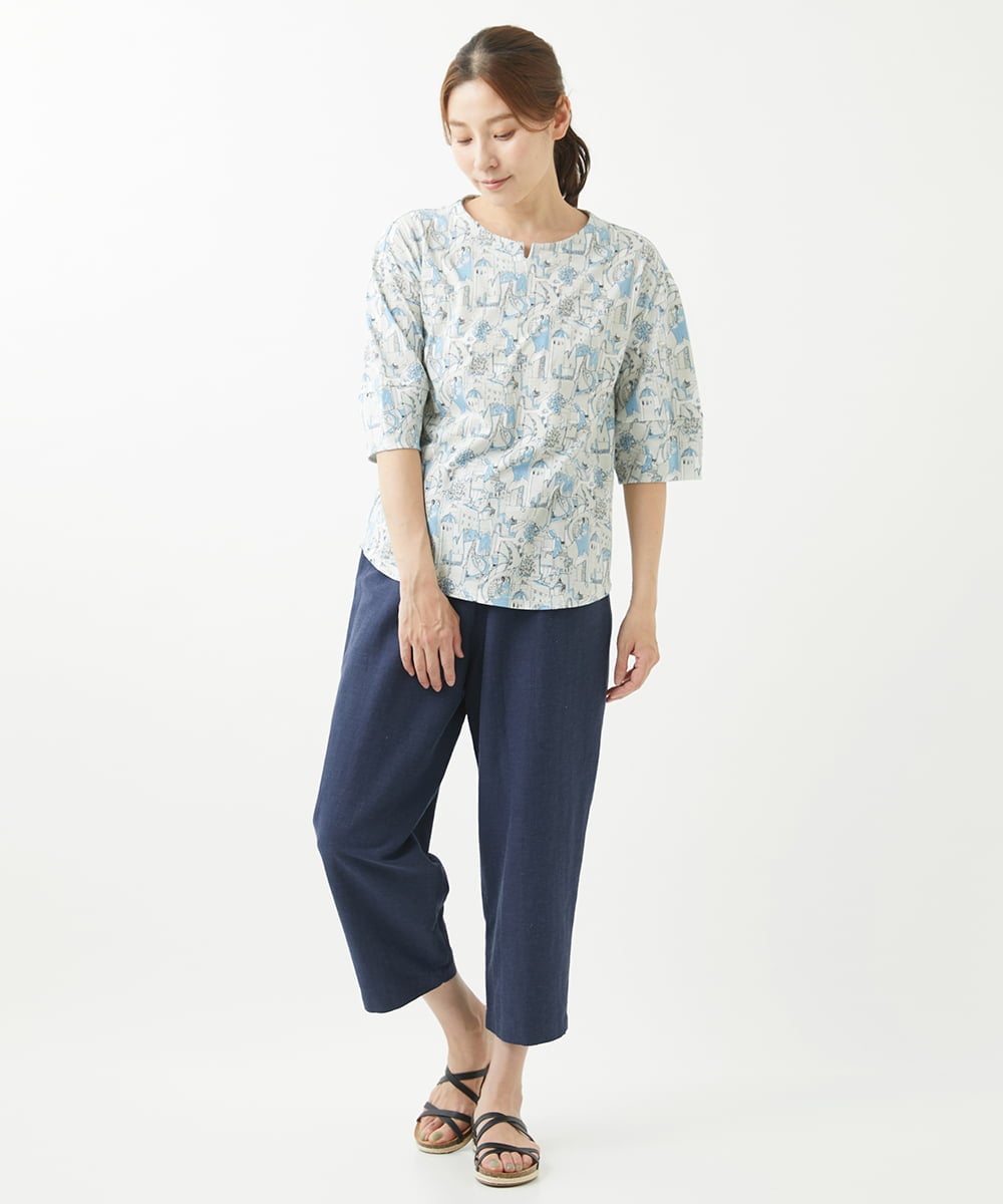 NGKHW12180 GIANNI LO GIUDICE(ジャンニ ロ ジュディチェ) [洗える]コットン風景プリント5分袖カットソー ライトブルー