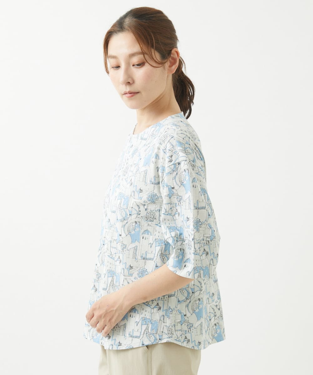 NGKHW12180 GIANNI LO GIUDICE(ジャンニ ロ ジュディチェ) [洗える]コットン風景プリント5分袖カットソー ライトブルー
