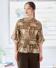 NGKJD15270 GIANNI LO GIUDICE(ジャンニ ロ ジュディチェ) [洗える・日本製]チュールトライバルプリントカットソー ブラウン