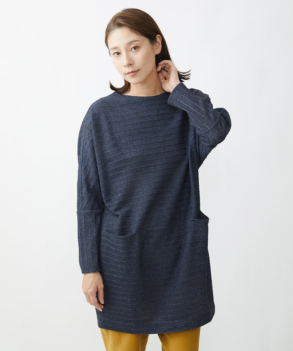 洗える・日本製]テレコニットデニムチュニック(カットソー・Tシャツ