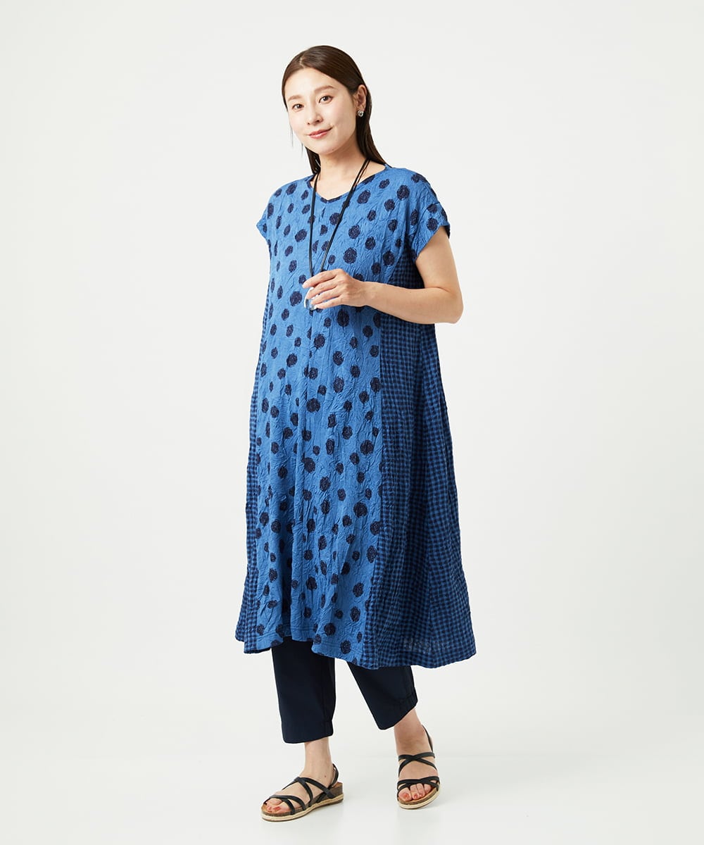 NGPHA11330 GIANNI LO GIUDICE(ジャンニ ロ ジュディチェ) [洗える・日本製]麻混ドットワッシャージャガードワンピース ブルー