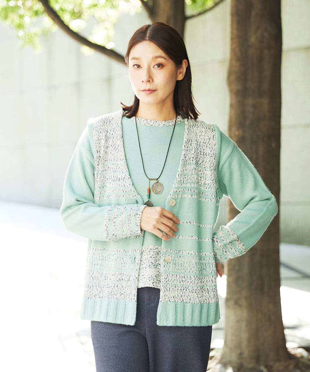 NGSCF50240 GIANNI LO GIUDICE(ジャンニ ロ ジュディチェ) [洗える]カスリパネルボーダーニットベスト グリーン