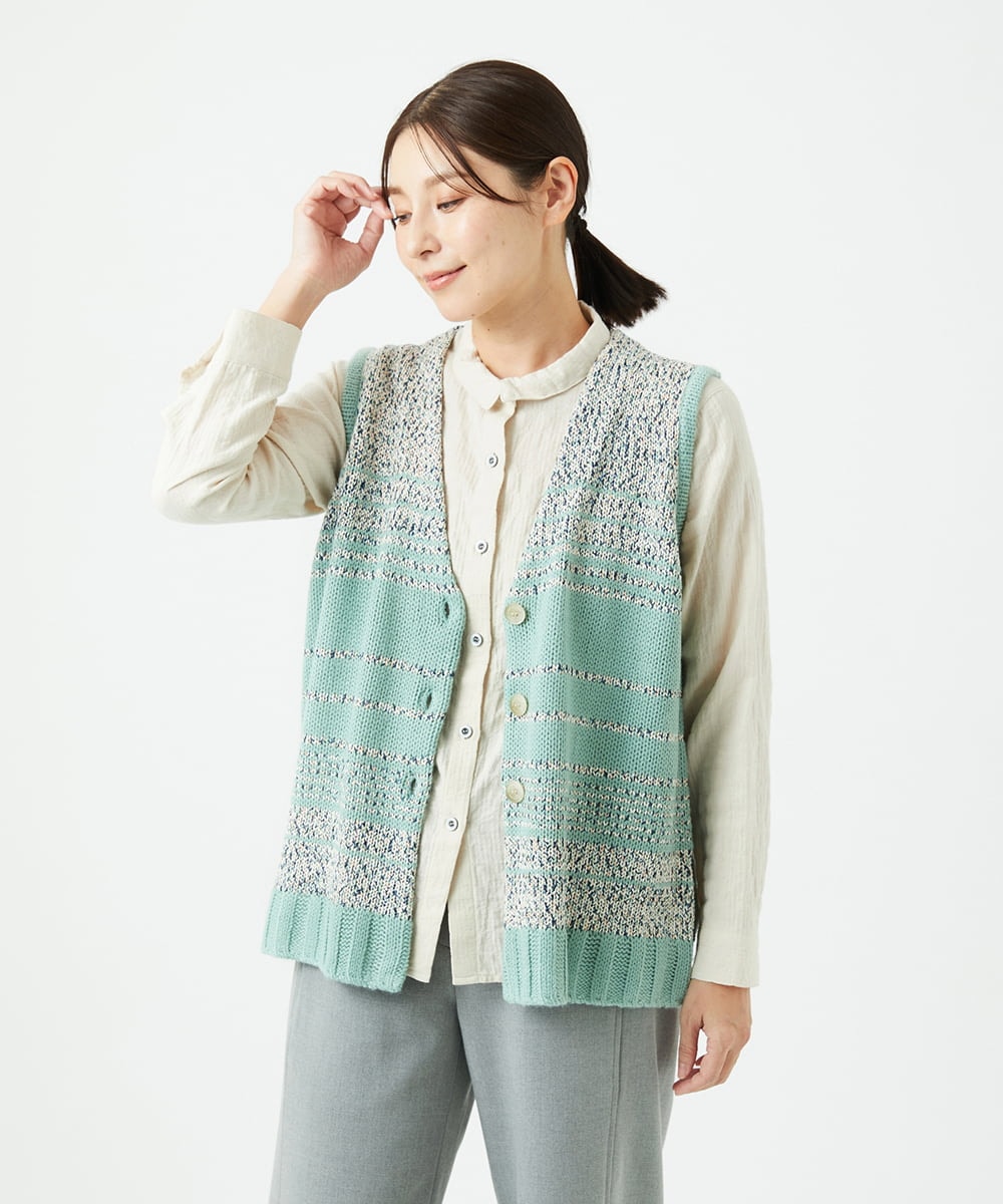 NGSCF50240 GIANNI LO GIUDICE(ジャンニ ロ ジュディチェ) [洗える]カスリパネルボーダーニットベスト グリーン