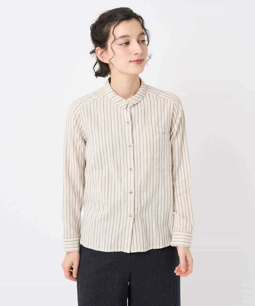 NHBAE23230 GIANNI LO GIUDICE(小さいサイズ)(メゾン ドゥ サンク) シャーリング起毛ブラウス ベージュ(ストライプ)