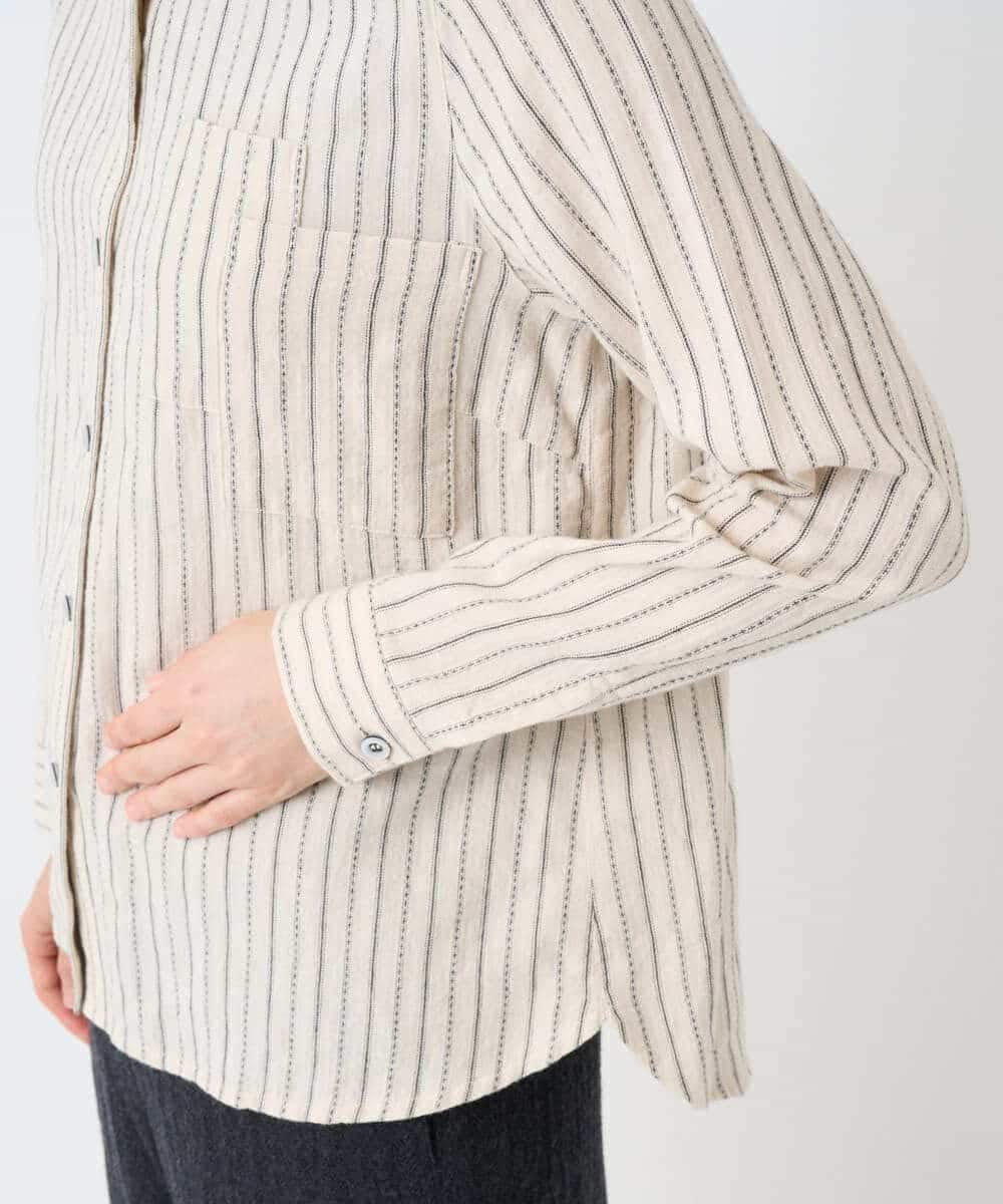 NHBAE23230 GIANNI LO GIUDICE(小さいサイズ)(メゾン ドゥ サンク) シャーリング起毛ブラウス ベージュ(ストライプ)