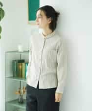 NHBAE23230 GIANNI LO GIUDICE(小さいサイズ)(メゾン ドゥ サンク) シャーリング起毛ブラウス ベージュ（ストライプ）