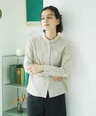 NHBAE23230 GIANNI LO GIUDICE(小さいサイズ)(メゾン ドゥ サンク) シャーリング起毛ブラウス ベージュ（ストライプ）