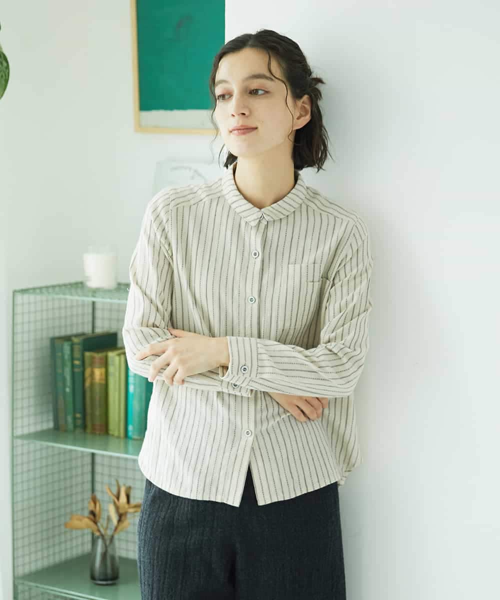 NHBAE23230 GIANNI LO GIUDICE(小さいサイズ)(メゾン ドゥ サンク) シャーリング起毛ブラウス ベージュ（ストライプ）