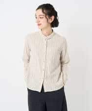 NHBAE23230 GIANNI LO GIUDICE(小さいサイズ)(メゾン ドゥ サンク) シャーリング起毛ブラウス ベージュ（ストライプ）