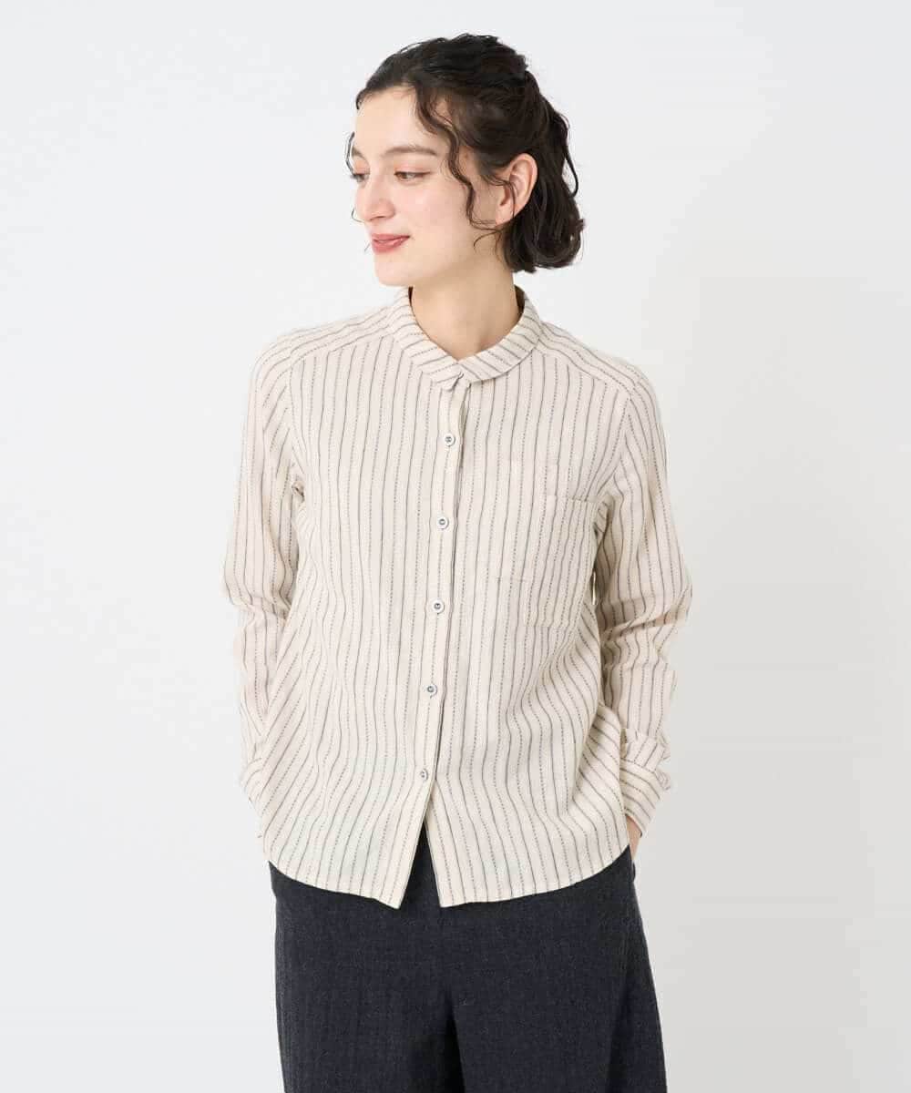 NHBAE23230 GIANNI LO GIUDICE(小さいサイズ)(メゾン ドゥ サンク) シャーリング起毛ブラウス ベージュ（ストライプ）