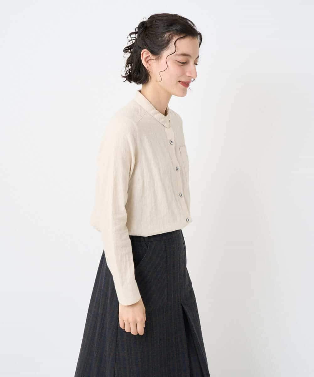 NHBAE23230 GIANNI LO GIUDICE(小さいサイズ)(メゾン ドゥ サンク) シャーリング起毛ブラウス ベージュ（ストライプ）