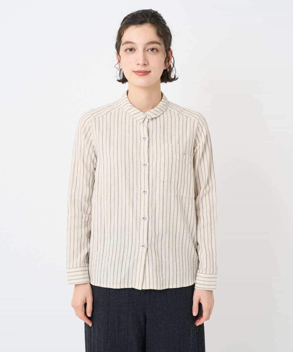 NHBAE23230 GIANNI LO GIUDICE(小さいサイズ)(メゾン ドゥ サンク) シャーリング起毛ブラウス ベージュ（ストライプ）