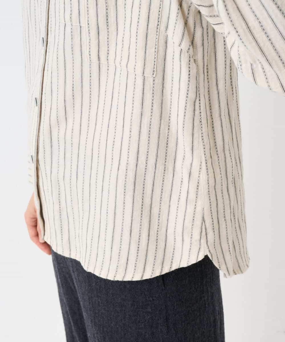 NHBAE23230 GIANNI LO GIUDICE(小さいサイズ)(メゾン ドゥ サンク) シャーリング起毛ブラウス ベージュ（ストライプ）