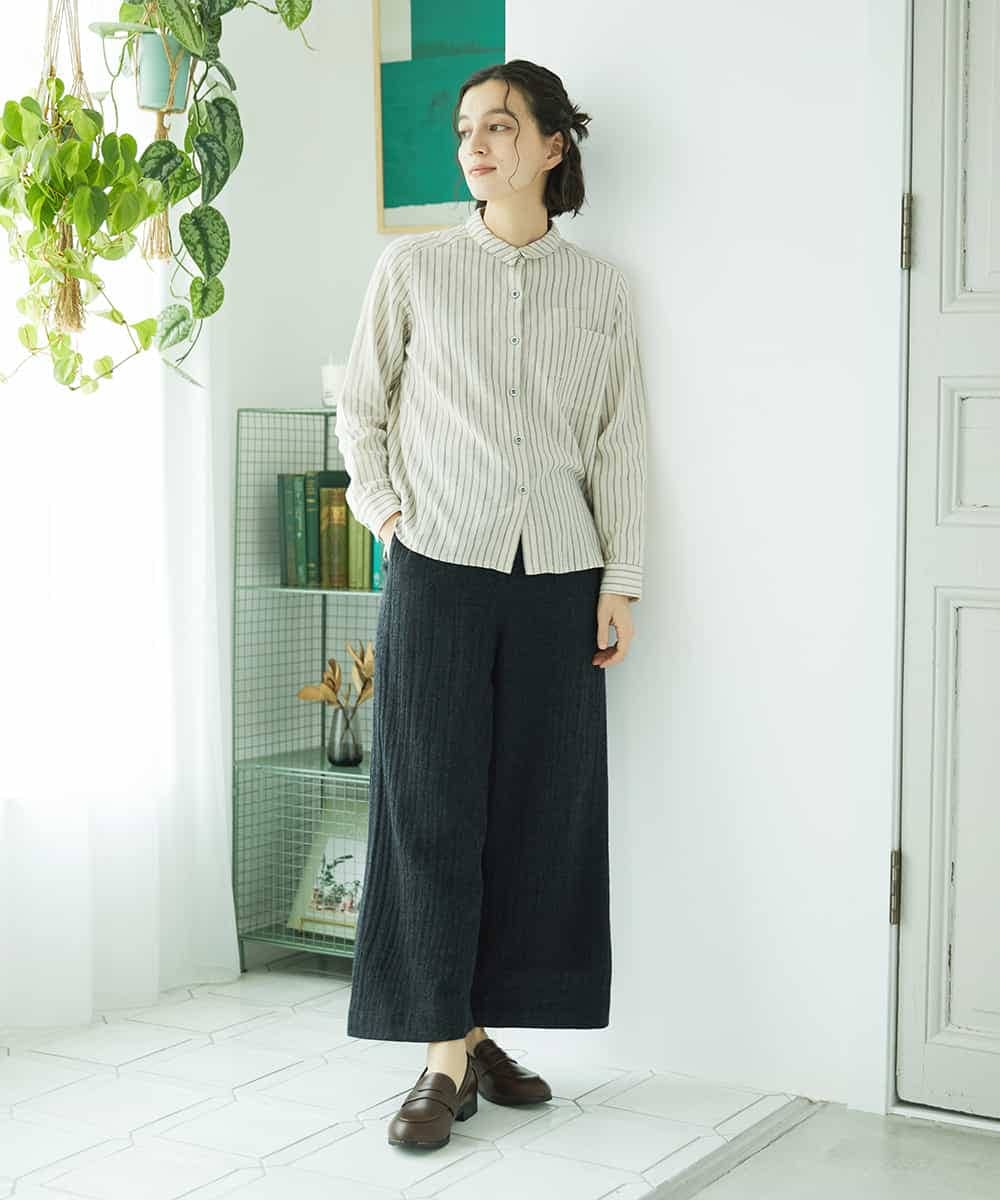 NHBAE23230 GIANNI LO GIUDICE(小さいサイズ)(メゾン ドゥ サンク) シャーリング起毛ブラウス ベージュ（ストライプ）