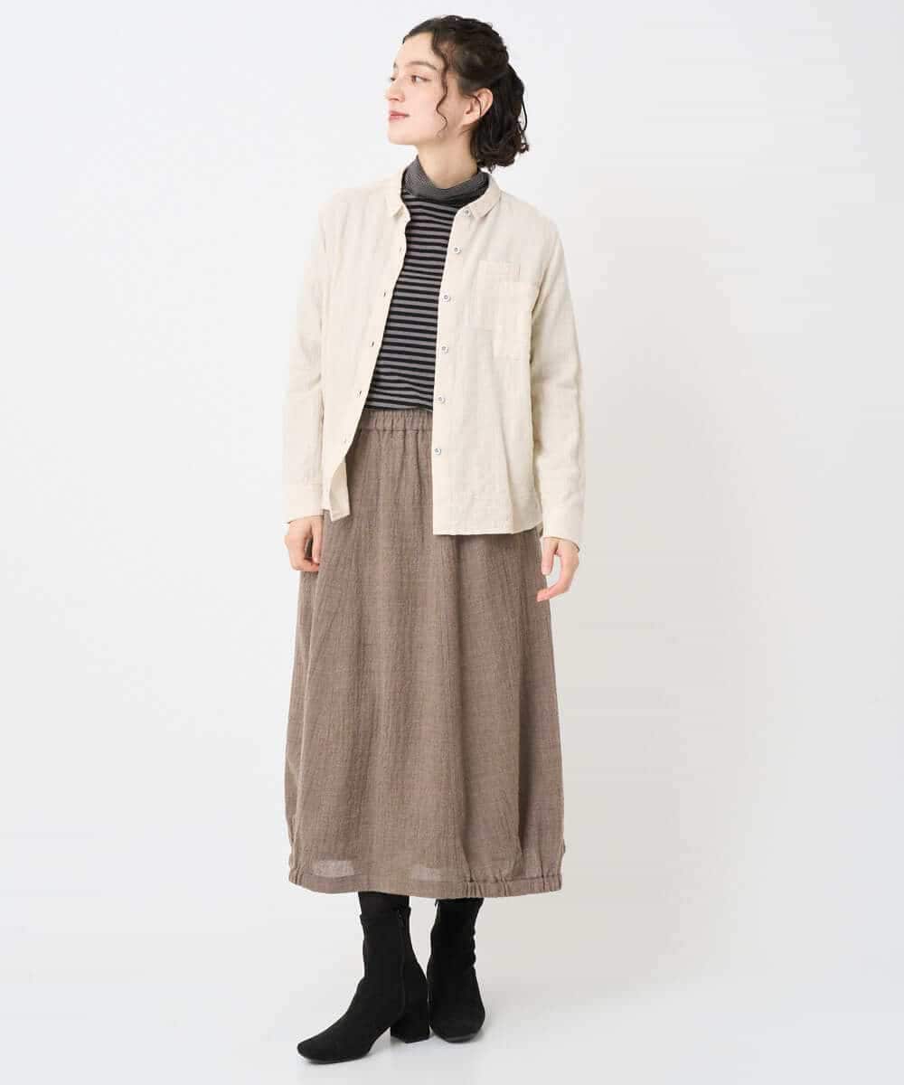 NHBAE23230 GIANNI LO GIUDICE(小さいサイズ)(メゾン ドゥ サンク) シャーリング起毛ブラウス ベージュ（ストライプ）