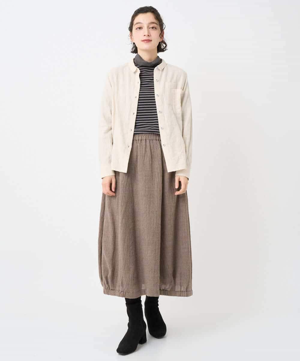 NHBAE23230 GIANNI LO GIUDICE(小さいサイズ)(メゾン ドゥ サンク) シャーリング起毛ブラウス ベージュ（ストライプ）