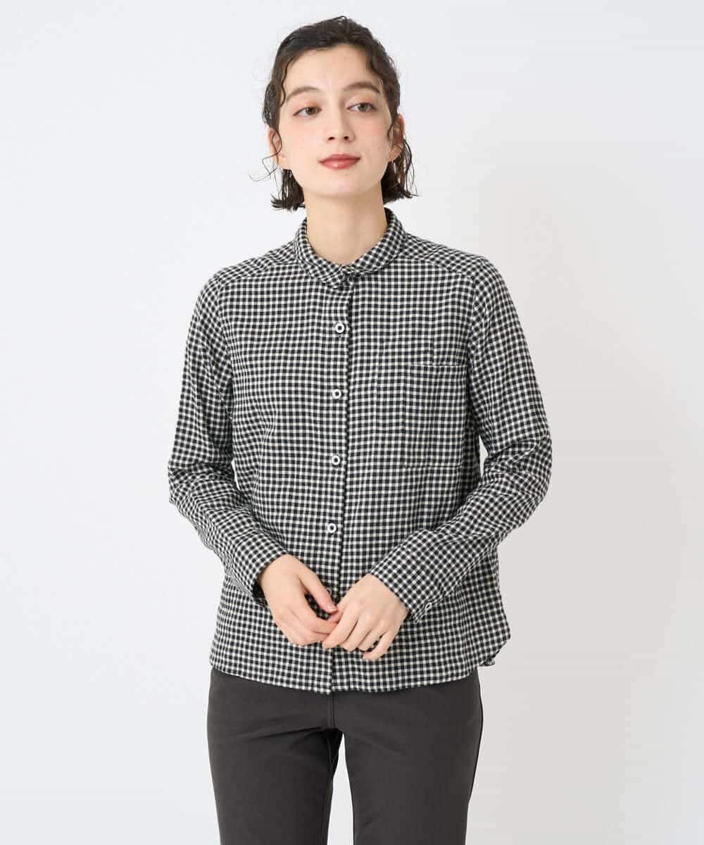 NHBAE23230 GIANNI LO GIUDICE(小さいサイズ)(メゾン ドゥ サンク) シャーリング起毛ブラウス ダークグレー(ギンガムチェック)